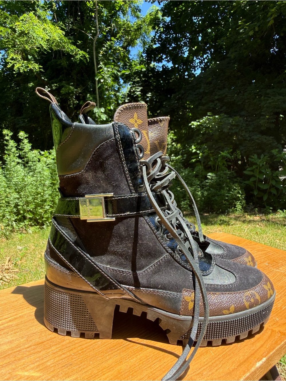 Louis Vuitton Monogram Accent Combat Platform Boots - Black & Brown